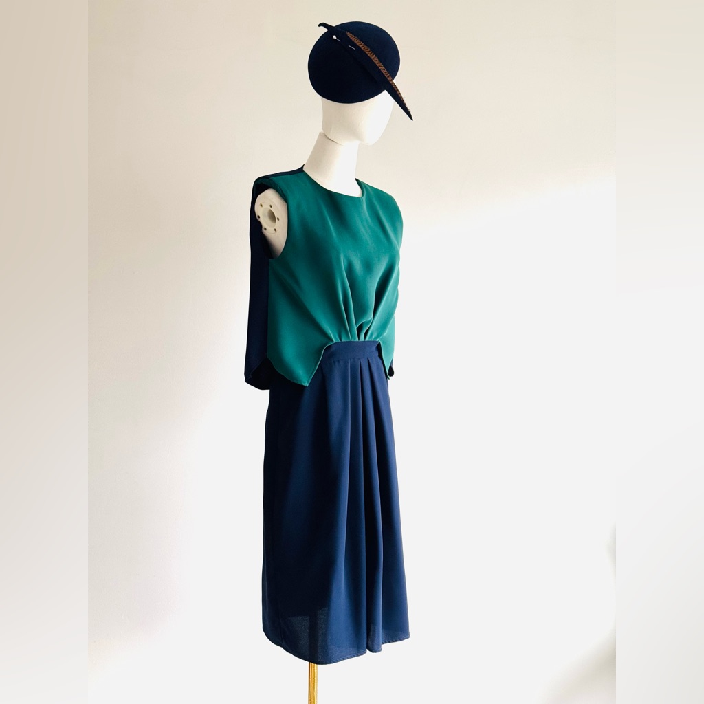 Rachel Comey Color Block Green & Navy Dress With Cape Effect Back Cutouts Sz 2